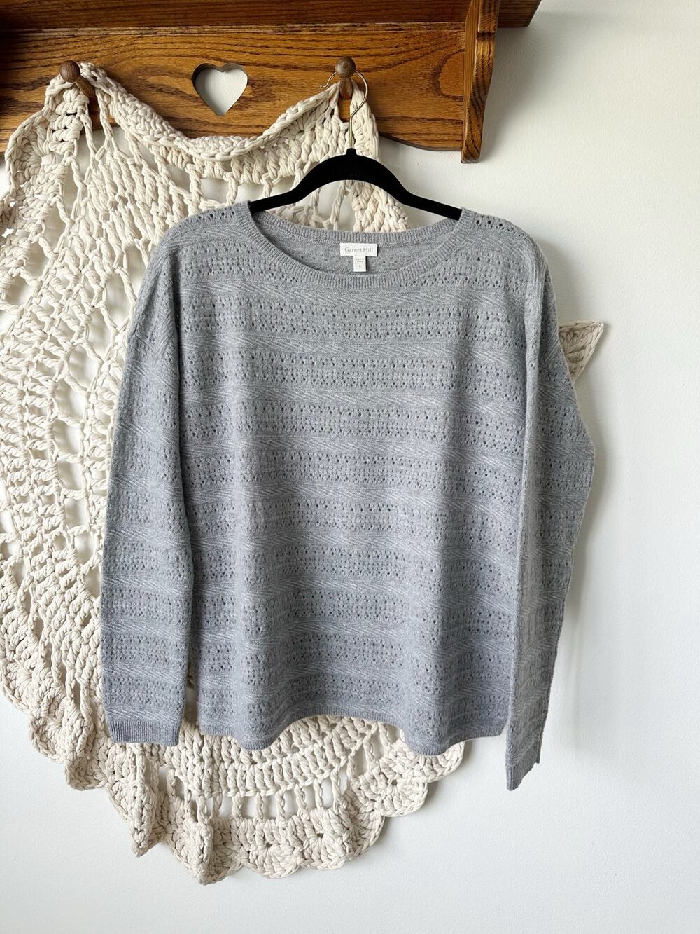 Garnet Hill Pointelle Knit Cashmere Gray Sweater Size Small